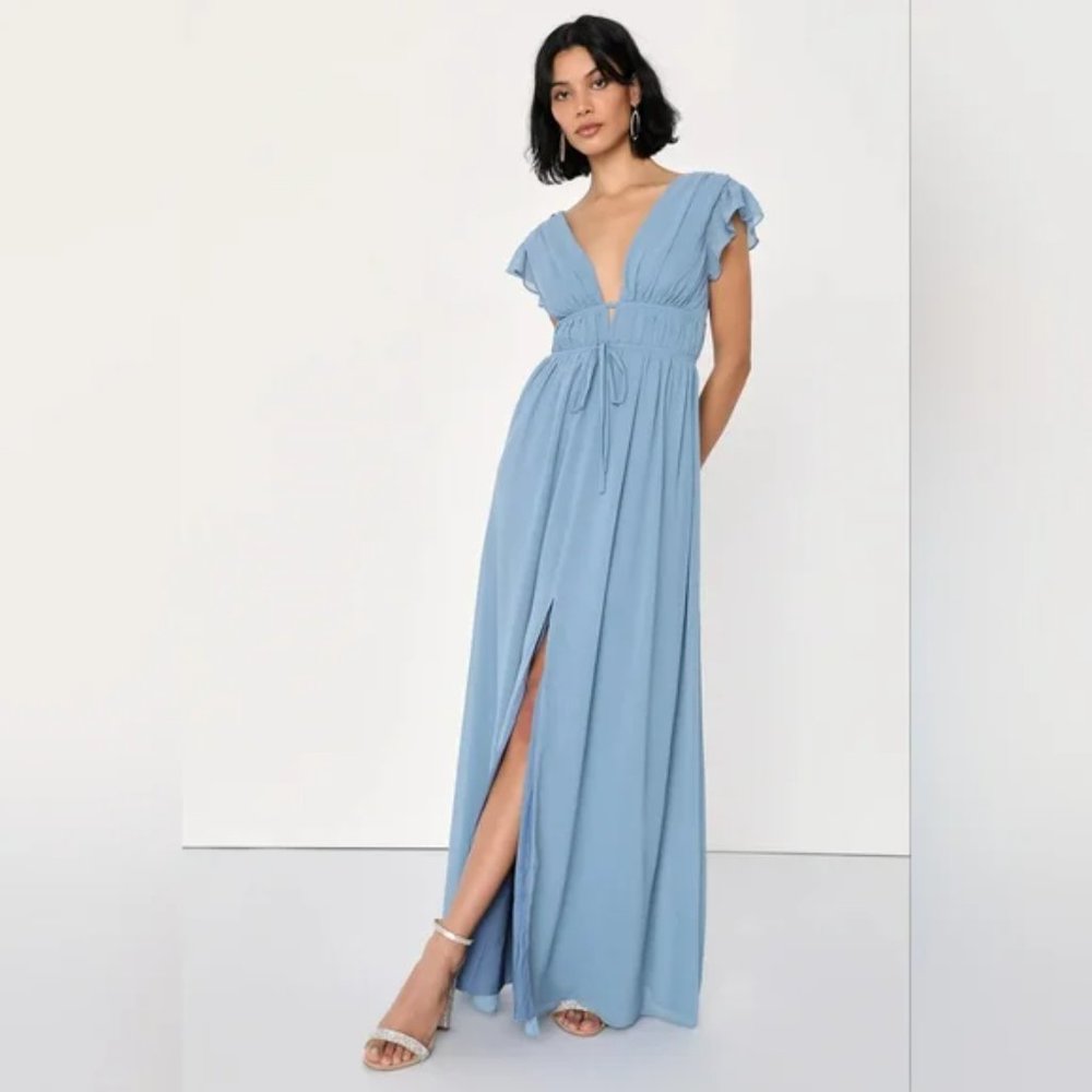 Lulus I’m All Yours Slate Blue Ruffled Maxi Dress